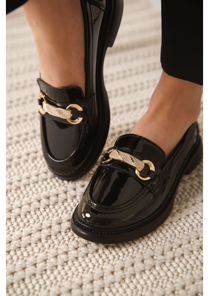 Lance Premium Kadın Siyah Rugan Loafer modelleri