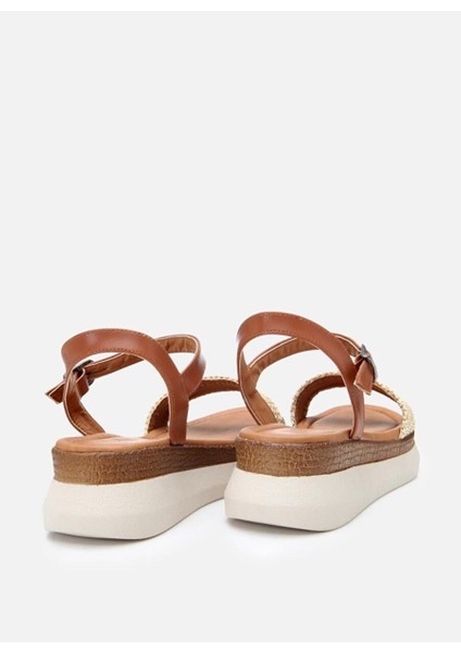 Kadın Bej Hasır Detaylı Comfort Düz Sandalet