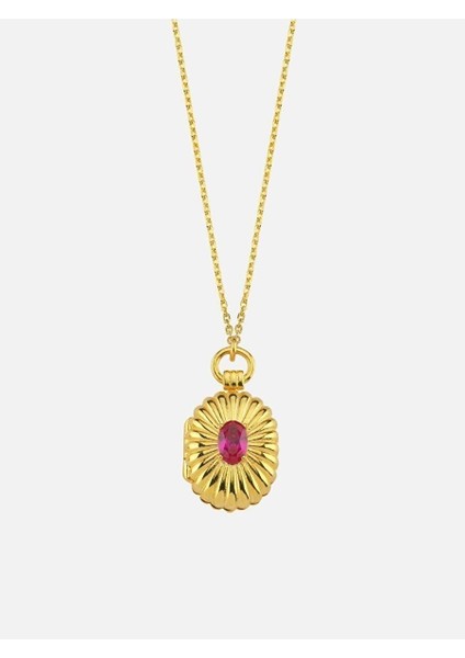 Mini Bordo Taşlı Kapaklı Madalyon Kolye Gold