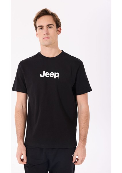 Siyah Erkek Bisiklet Yaka Basic Fit Baskılı %100 Pamuk T-Shirt J4SM-TST7246