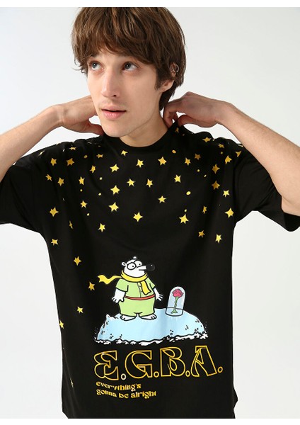 Fluffy Bisiklet Yaka Oversize Siyah Erkek T-Shirt Fluffy-E-2