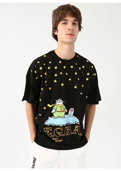Fluffy Bisiklet Yaka Oversize Siyah Erkek T-Shirt Fluffy-E-2