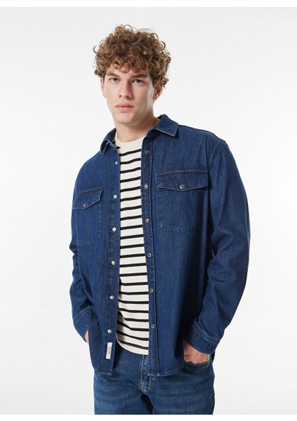 Koyu Mavi Erkek Gömlek Relaxed Yıkamalı Denim Gömlek M4WM-GML-1824