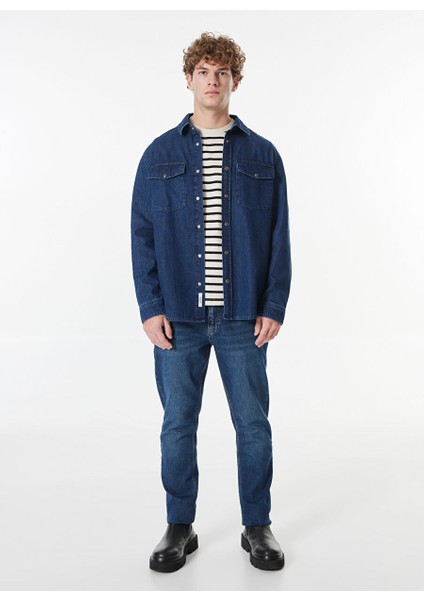 Koyu Mavi Erkek Gömlek Relaxed Yıkamalı Denim Gömlek M4WM-GML-1824