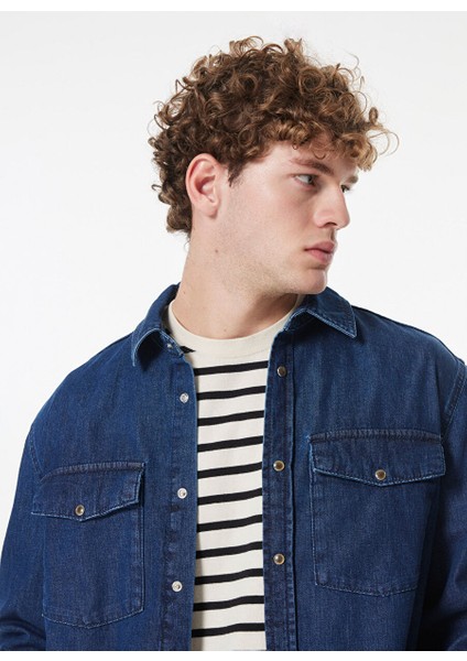 Koyu Mavi Erkek Gömlek Relaxed Yıkamalı Denim Gömlek M4WM-GML-1824