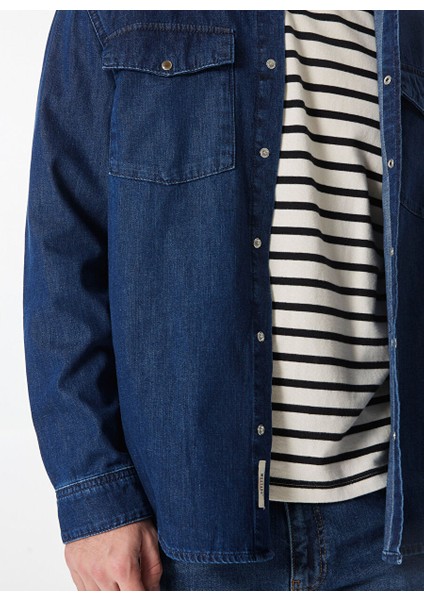 Koyu Mavi Erkek Gömlek Relaxed Yıkamalı Denim Gömlek M4WM-GML-1824