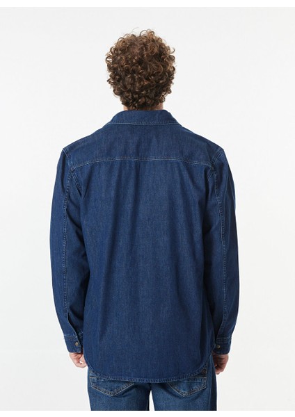 Koyu Mavi Erkek Gömlek Relaxed Yıkamalı Denim Gömlek M4WM-GML-1824