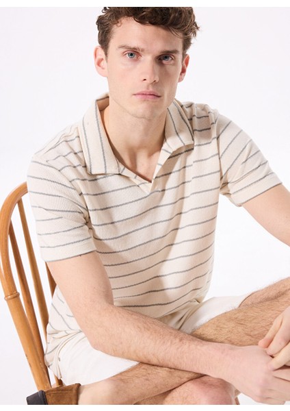 Ekru Erkek Basic Çizgili Polo T-Shirt F5SM-TST 2071