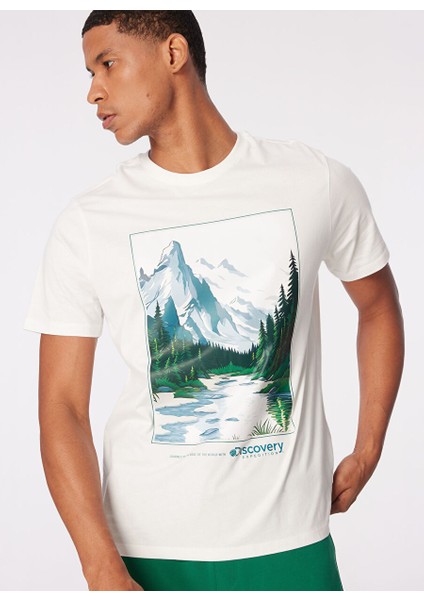 Beyaz Erkek Bisiklet Yaka Relaxed Fit Baskılı T-Shirt D4SM-TST3278