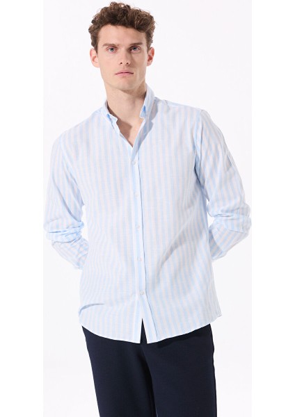 Mavi - Beyaz Erkek Düğmeli Regular Fit Çizgili Gömlek FC5SM-GML 2541 fırsatları