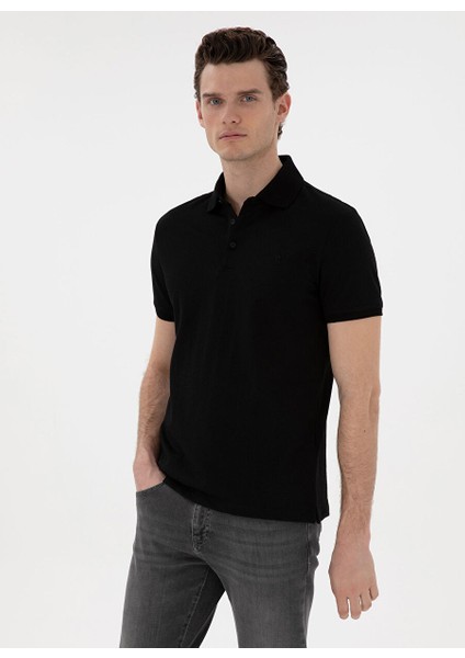 Siyah Erkek Slim Fit Jakarlı Polo T-Shirt Asır