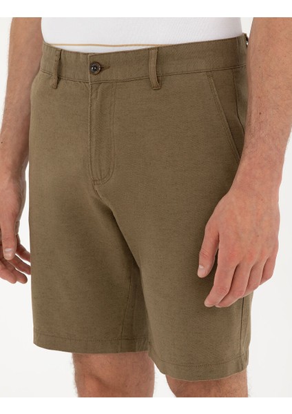 Haki Slim Fit Keten Karışımlı Dokuma Şort