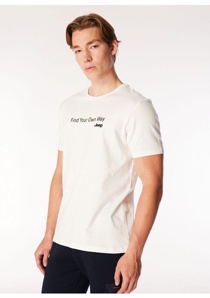 Ekru Erkek Bisiklet Yaka Relaxed Fit Baskılı Pamuk T-Shirt J4WM-TST7215