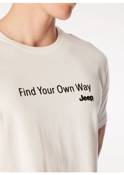 Ekru Erkek Bisiklet Yaka Relaxed Fit Baskılı Pamuk T-Shirt J4WM-TST7215