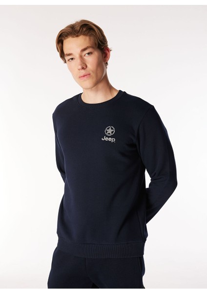 Lacivert Erkek Bisiklet Yaka Relaxed Baskılı Sweatshirt J4WM-SWT7220