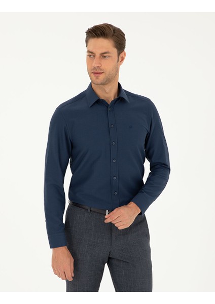 Lacivert Slim Fit Armürlü Uzun Kollu Gömlek