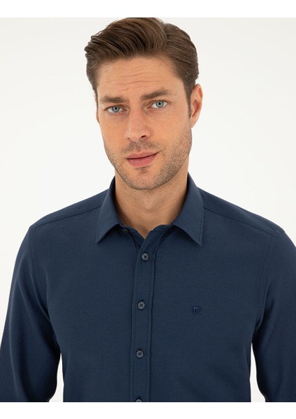 Lacivert Slim Fit Armürlü Uzun Kollu Gömlek fiyatları