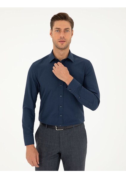 Lacivert Slim Fit Armürlü Uzun Kollu Gömlek modelleri