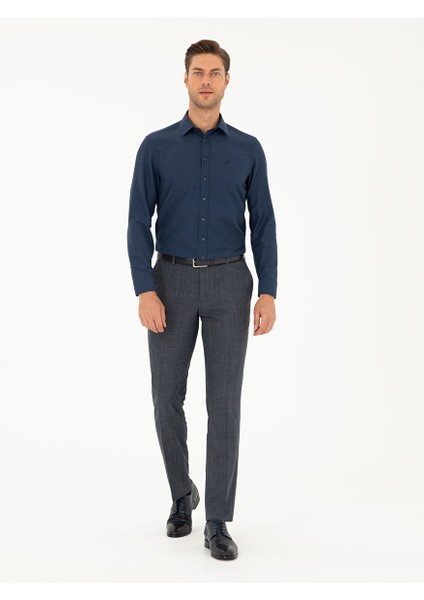 Lacivert Slim Fit Armürlü Uzun Kollu Gömlek fırsatları