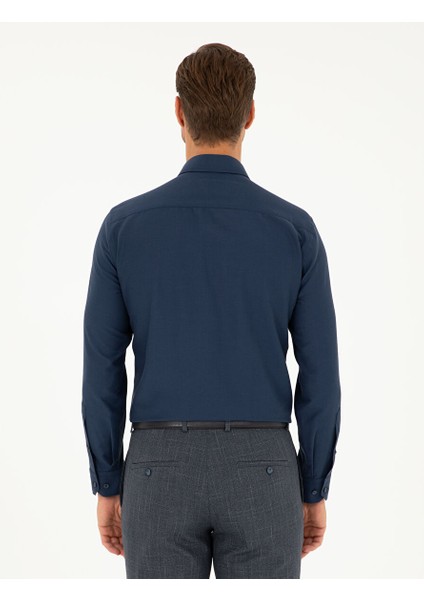 Lacivert Slim Fit Armürlü Uzun Kollu Gömlek indirimleri