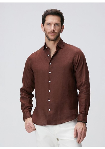Kahve Erkek Alttan Britli Slim Fit Gömlek 1094177