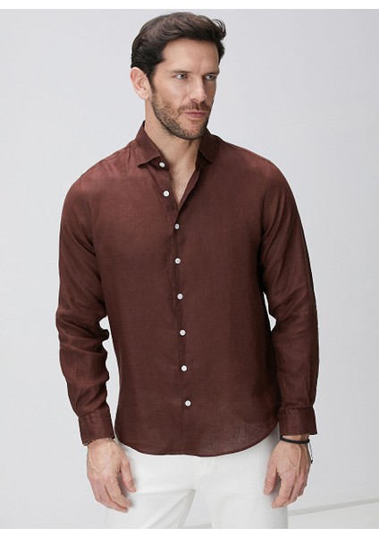 Kahve Erkek Alttan Britli Slim Fit Gömlek 1094177
