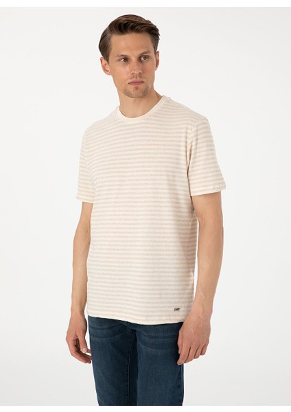 Bej Erkek Regular Fit Çizgili T-Shirt Campsel modelleri