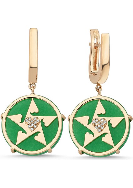 Happy Star Kalpli Pırlantalı Jade Taşlı Altın Küpe