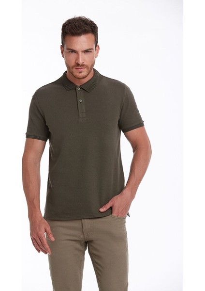 Haki Regular Fit Petek Desenli Pamuklu Polo Yaka Tişört