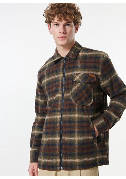 Relaxed Fit Kareli Haki Erkek Gömlek J4WM-GML7209