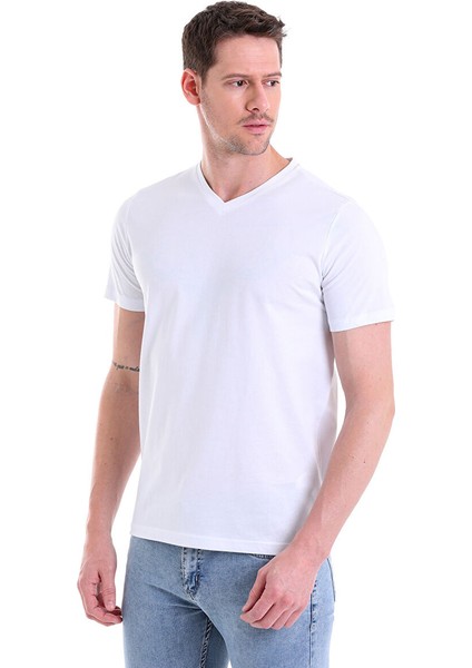 Beyaz Regular Fit Düz 100% Pamuklu V Yaka Tişört