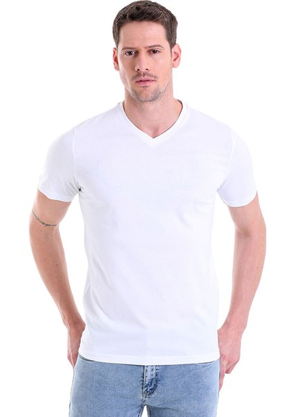 Beyaz Regular Fit Düz 100% Pamuklu V Yaka Tişört fırsatları