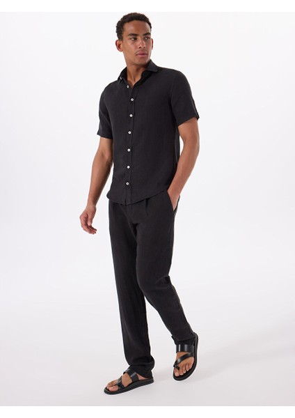 Siyah Erkek Düğmeli Standart Gömlek Mr Short Sleeve