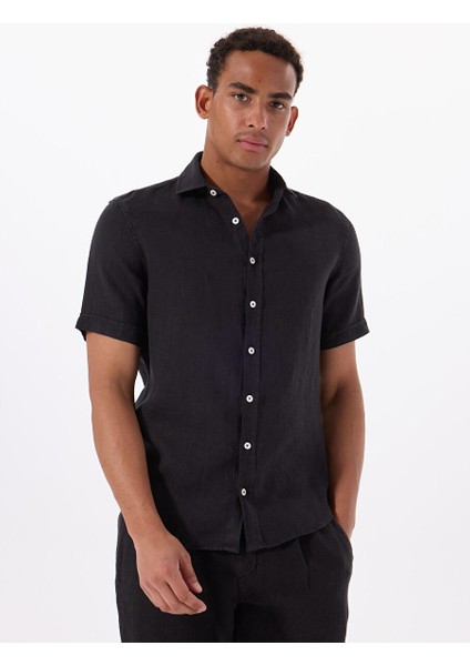 Siyah Erkek Düğmeli Standart Gömlek Mr Short Sleeve
