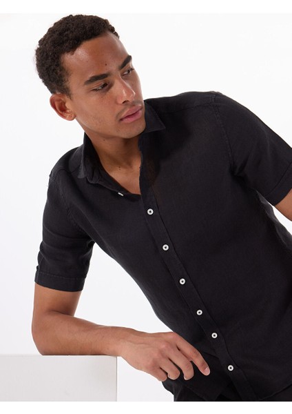 Siyah Erkek Düğmeli Standart Gömlek Mr Short Sleeve