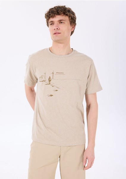 D5SM-TST3744 Bej Melanj Bisiklet Yaka Relaxed Fit Baskılı T-Shirt
