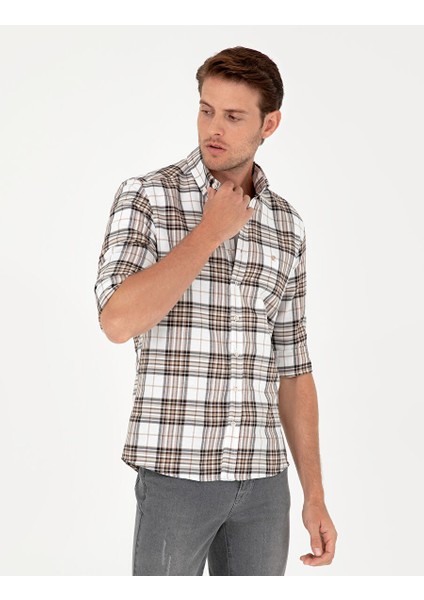 Kahverengi Ekose Slim Fit Uzun Kollu Gömlek