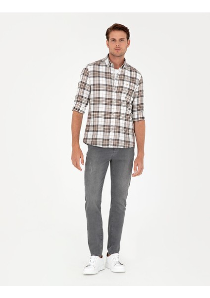 Kahverengi Ekose Slim Fit Uzun Kollu Gömlek fırsatları