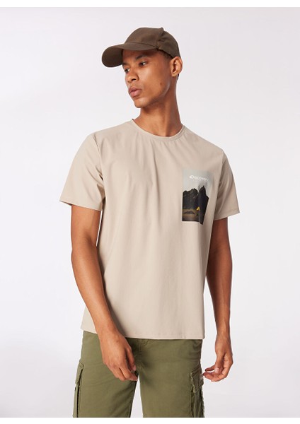 Bej Erkek Bisiklet Yaka Relaxed Baskılı Su Itici T-Shirt D4SM-TST3251