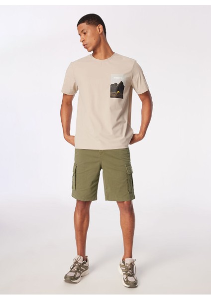 Bej Erkek Bisiklet Yaka Relaxed Baskılı Su Itici T-Shirt D4SM-TST3251