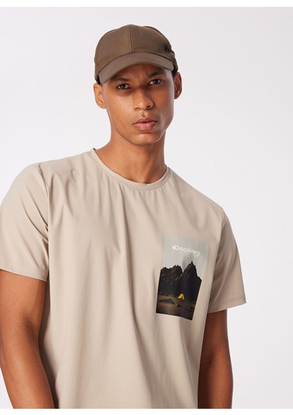 Bej Erkek Bisiklet Yaka Relaxed Baskılı Su Itici T-Shirt D4SM-TST3251