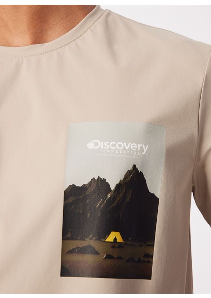 Bej Erkek Bisiklet Yaka Relaxed Baskılı Su Itici T-Shirt D4SM-TST3251