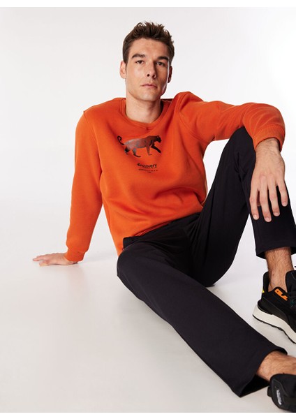 Koyu Turuncu Erkek Bisiklet Relaxed Baskılı Sweatshirt D4WM-SWT3247