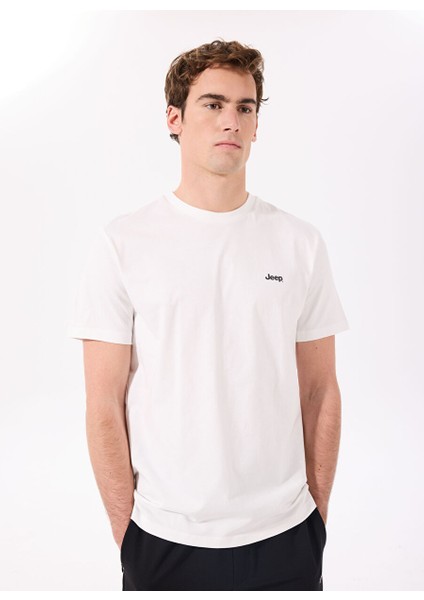 Kırık Beyaz Erkek Bisiklet Yaka Basic Baskılı %100 Pamuk T-Shirt J4SM-TST7245