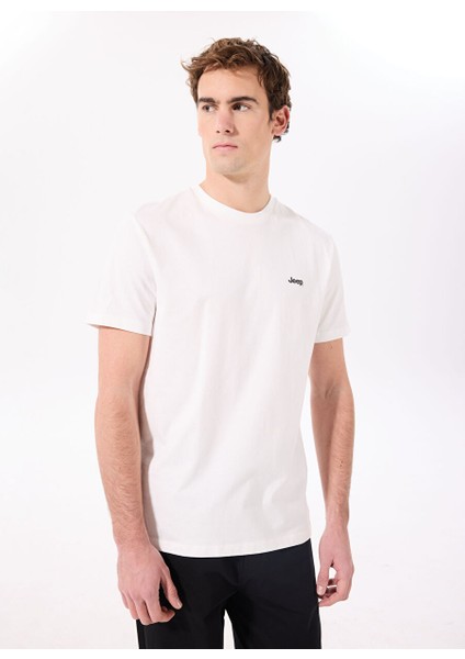 Kırık Beyaz Erkek Bisiklet Yaka Basic Baskılı %100 Pamuk T-Shirt J4SM-TST7245