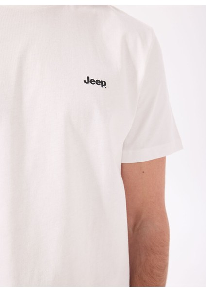 Kırık Beyaz Erkek Bisiklet Yaka Basic Baskılı %100 Pamuk T-Shirt J4SM-TST7245