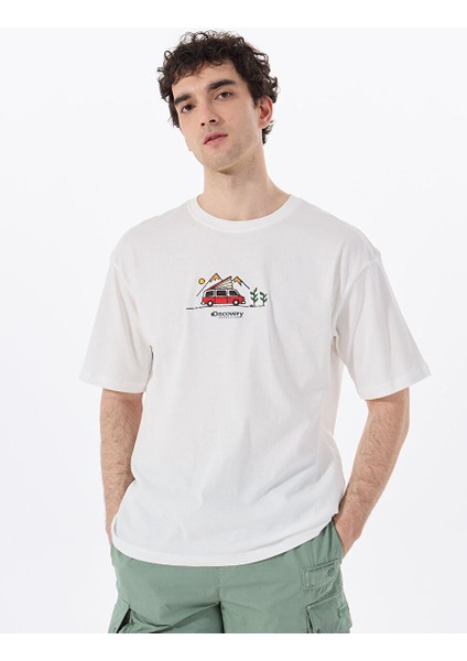 Kırık Beyaz Erkek Bisiklet Yaka Loose Fit Nakışlı T-Shirt Leaf