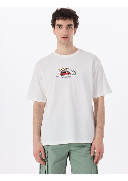 Kırık Beyaz Erkek Bisiklet Yaka Loose Fit Nakışlı T-Shirt Leaf modelleri