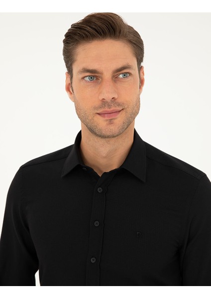 Siyah Slim Fit Armürlü Uzun Kollu Gömlek fiyatları