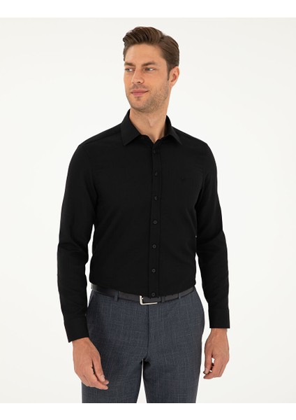 Siyah Slim Fit Armürlü Uzun Kollu Gömlek modelleri